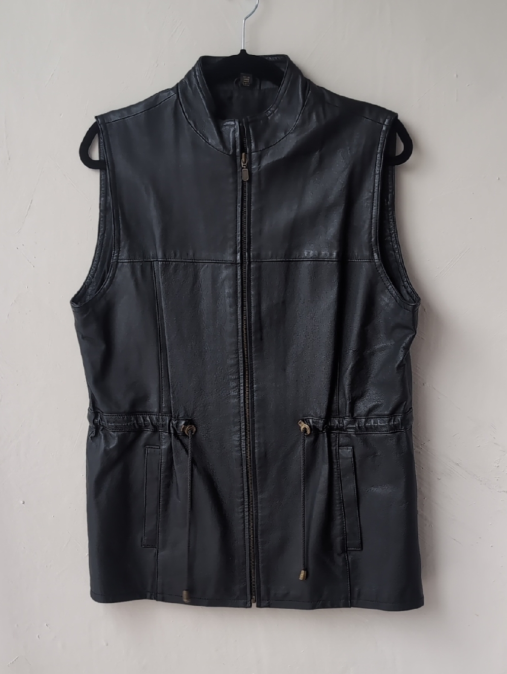 Black Faux Leather Sleeveless Vest with Drawstring Waist
